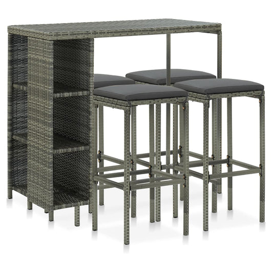 HKH 5 Pcs Conjunto de Bar P/ Jardim C/ Almofadões Vime Pe - Cinzento