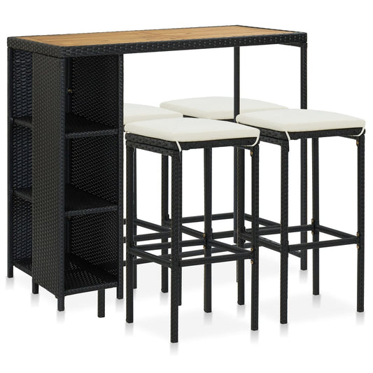 HKH 5 Pcs Conjunto de Bar P/ Jardim C/ Almofadões Vime Pe - Preto
