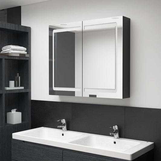 HKH Armário Espelhado Casa de Banho LED Brilhante - 80x12x68 Cm - Preto