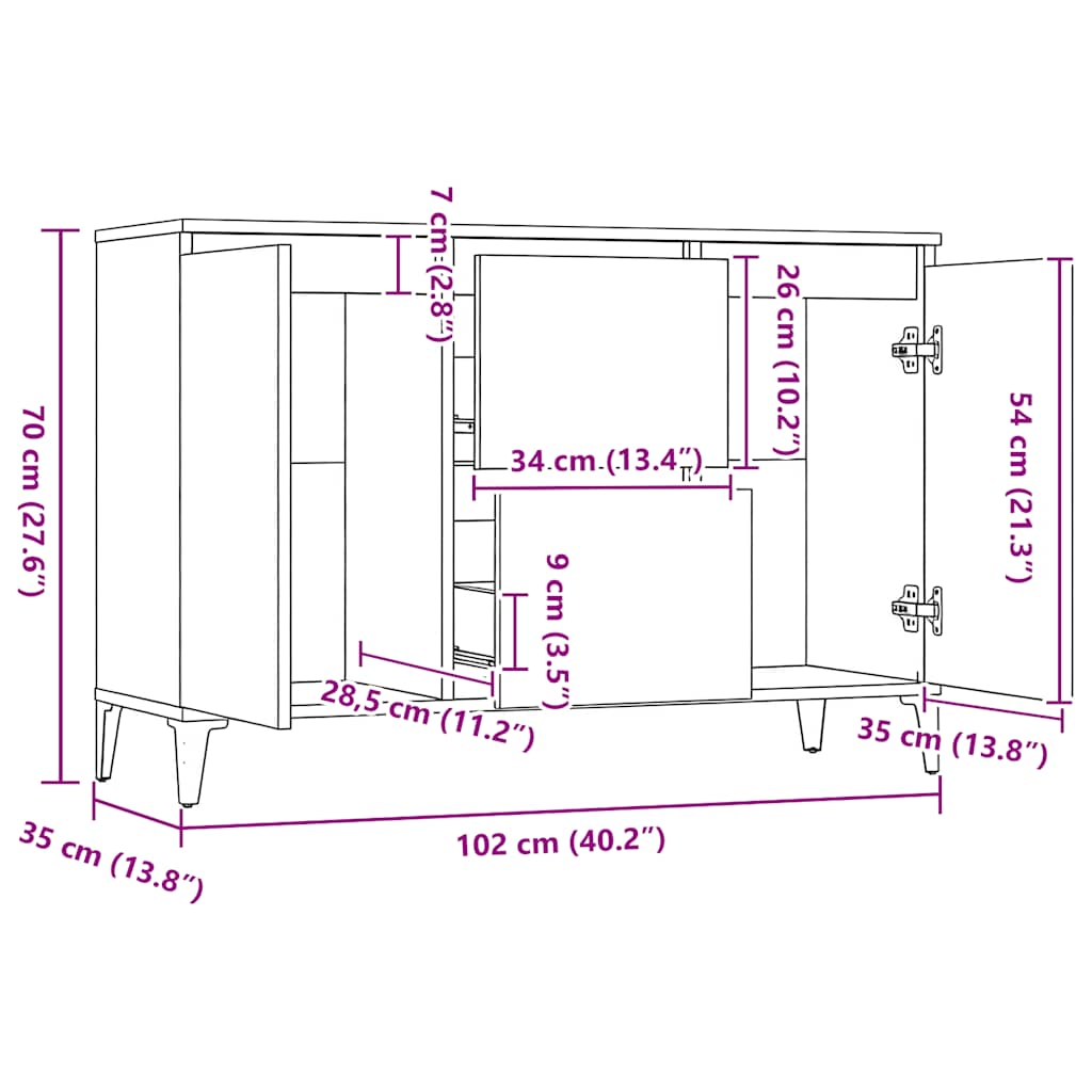 HKH Aparador Industrial em Madeira Processada, Metal 102 X 35 X 70 Cm - Carvalho Sonoma