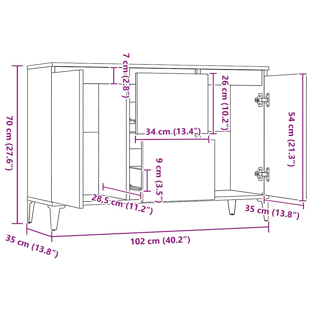 HKH Aparador Industrial em Madeira Processada, Metal 102 X 35 X 70 Cm - Cinzento-Cimento