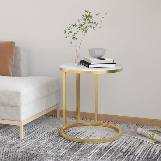 Mesa auxiliar HKH 45 cm, dorada y de cristal templado, mármol - blanco