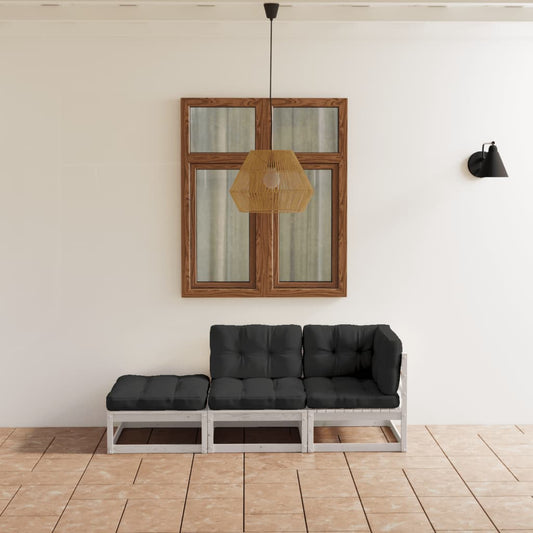 HKH 3 Pcs Conjunto Lounge de Jardim C/ Almofadões Pinho Maciço - Branco