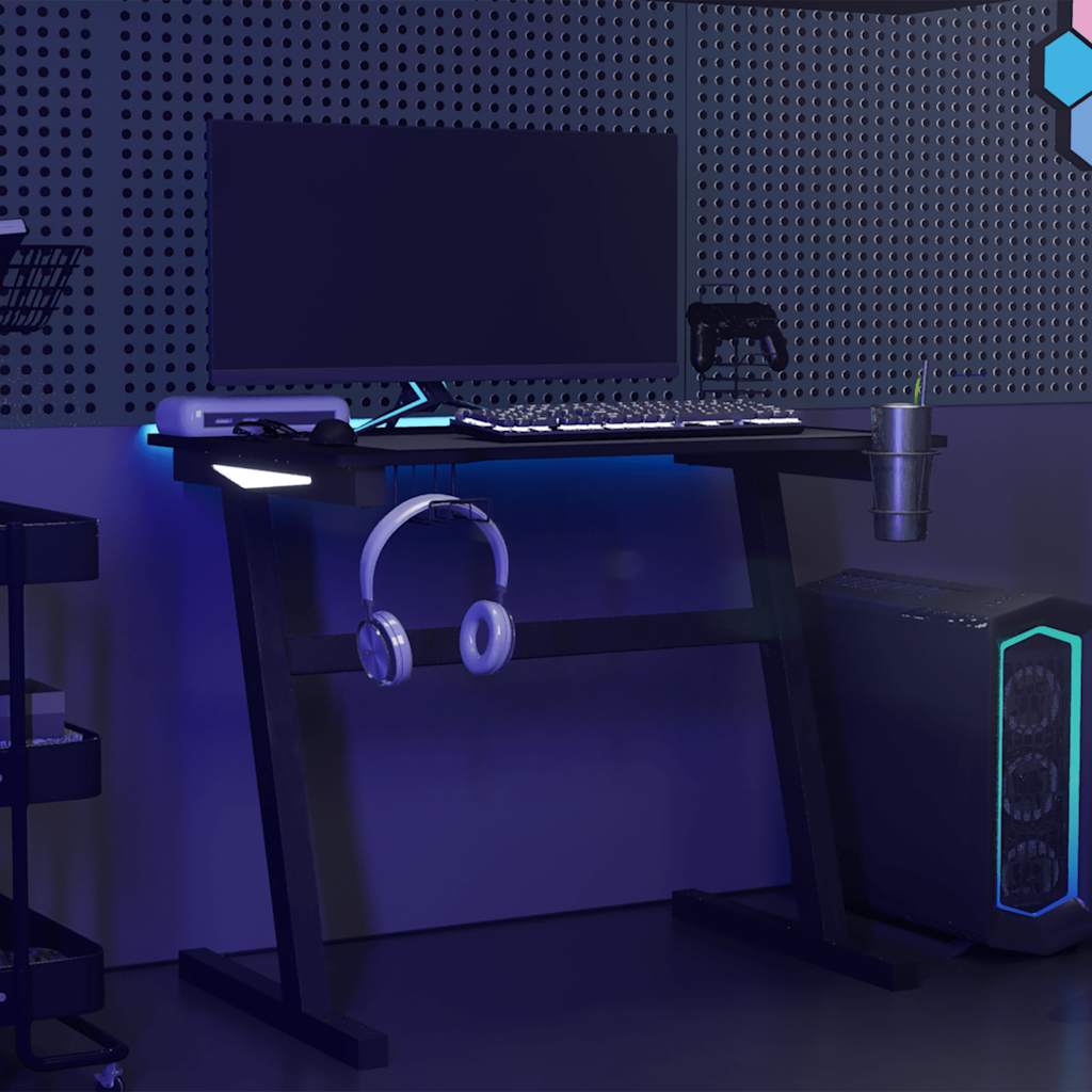 HKH Secretária de Gaming C/ Luzes Led Forma de Z - Preto