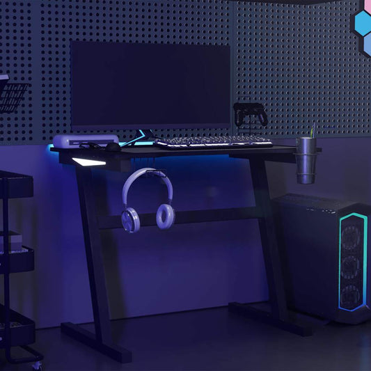 HKH Secretária de Gaming C/ Luzes Led Forma de Z - Preto