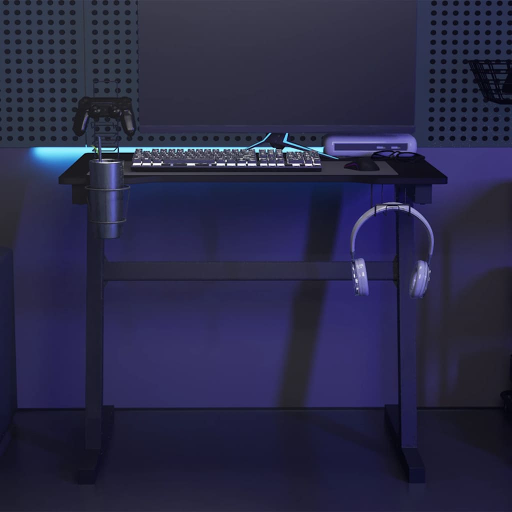 HKH Secretária de Gaming C/ Luzes Led Forma de Z - Preto
