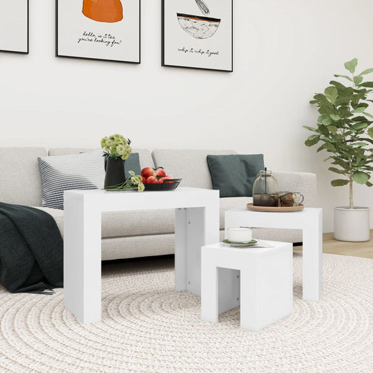 HKH Juego de 3 mesas nido de madera - Blanco