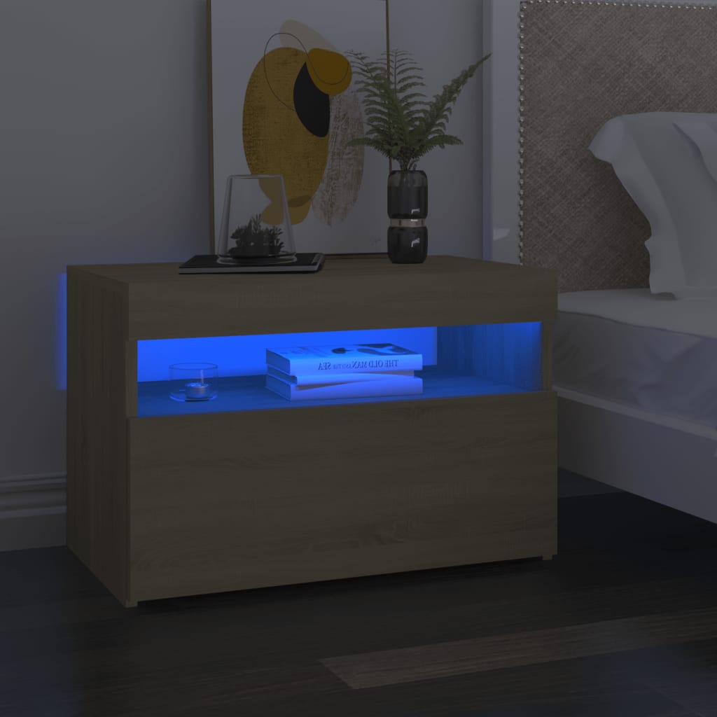 HKH Mesa Cabeceira & Luzes Led 2 Pcs Sonoma em Carvalho