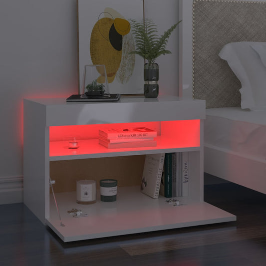 HKH Conjunto de 2 Mesas de Cabeceira com Luzes Led - Branco Brilhante