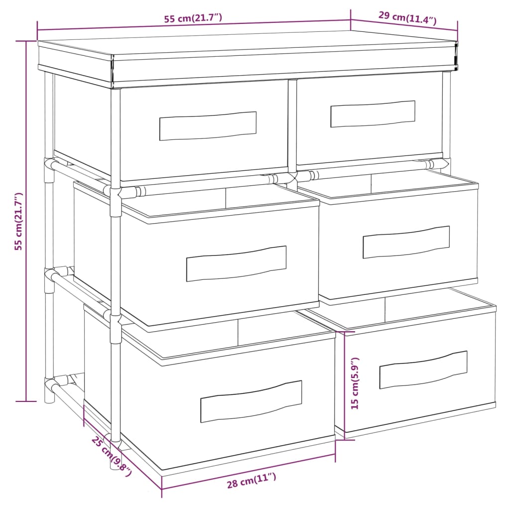 HKH Armário de Arrumação com 6 Gavetas em Aço - 55x29x55 Cm - Preto