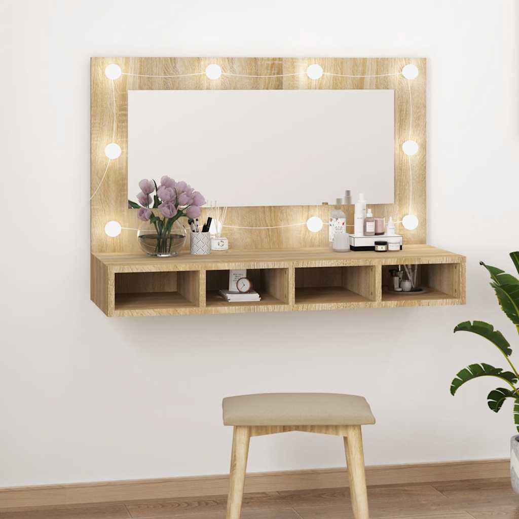 HKH Armario con Espejo y LED en Roble Sonoma - 90x31,5x62 Cm