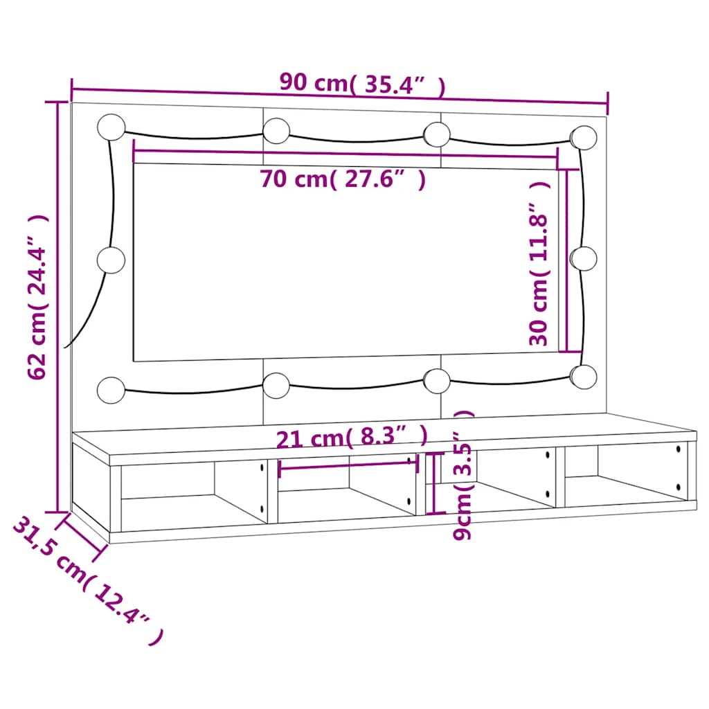 HKH Armario con espejo y luz LED en Cemento - 90x31,5x62 Cm - Gris
