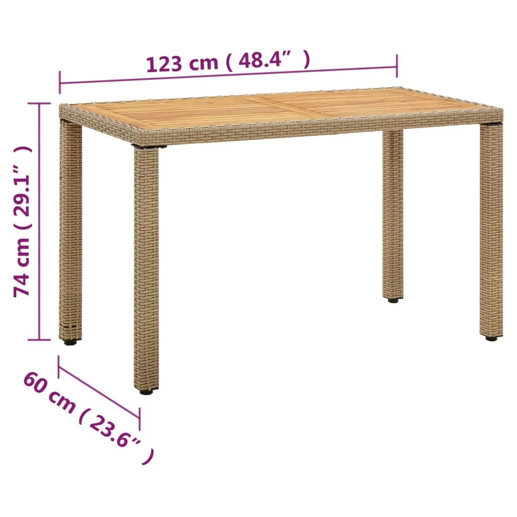 HKH Mesa de Jardim 123x60x74 Cm Vime Pe e Acácia Maciça - Bege