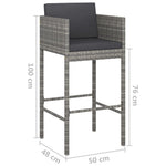 HKH 3 Pcs Conjunto de Bar P/ Jardim C/ Almofadões Vime Pe - Cinzento