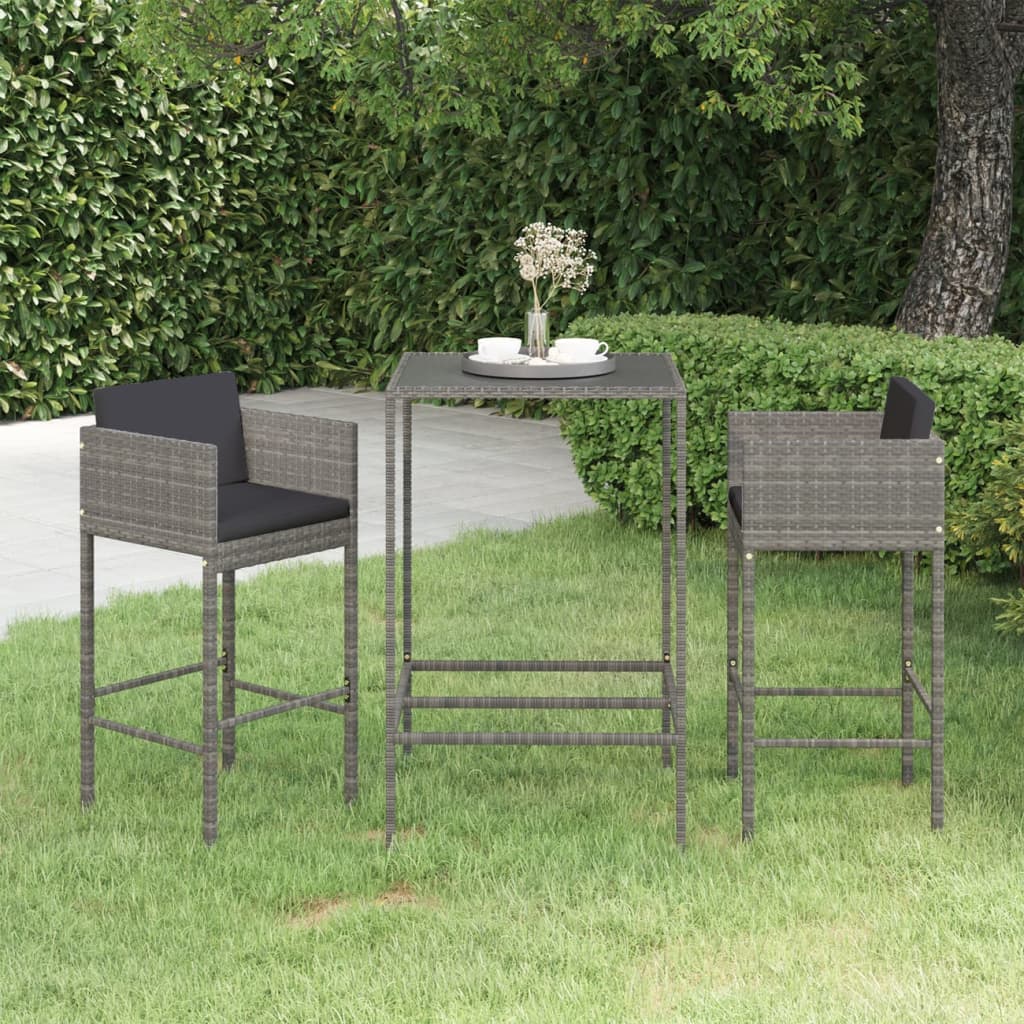 HKH Juego de muebles de bar de jardín de 3 piezas con cojines de mimbre PE - Gris
