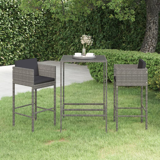 HKH 3 Pcs Conjunto de Bar P/ Jardim C/ Almofadões Vime Pe - Cinzento