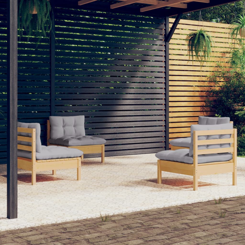 HKH 4 Pcs Conjunto Lounge de Jardim C/ Almofadões Cinzentos Pinho - Cinzeto
