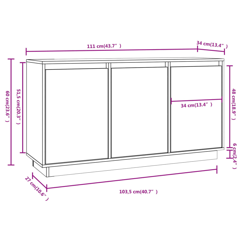 Aparador moderno HKH de madera maciza de pino sin tratar 111 x 34 x 60 cm