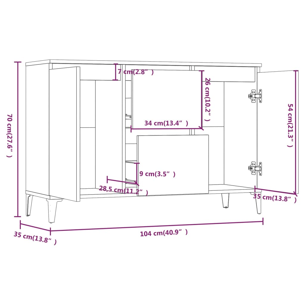 HKH Aparador em Madeira Processada, Metal com 2 Portas e 2 Gavetas 102 X 35 X 70 Cm - Sonoma Cinzento