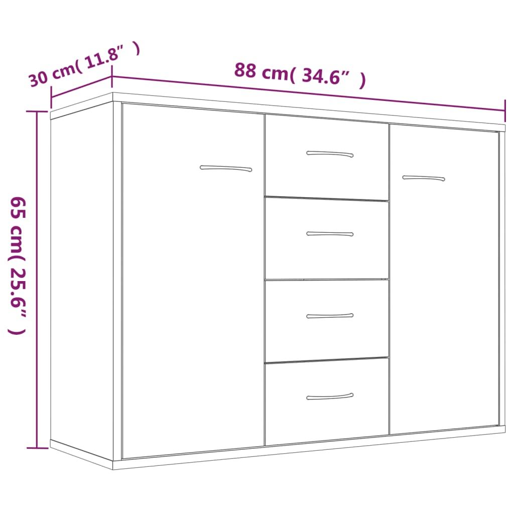 HKH Aparador em derivados de Madeira com 2 Portas e 4 Gavetas 88 X 30 X 65 Cm - Sonoma Cinzento