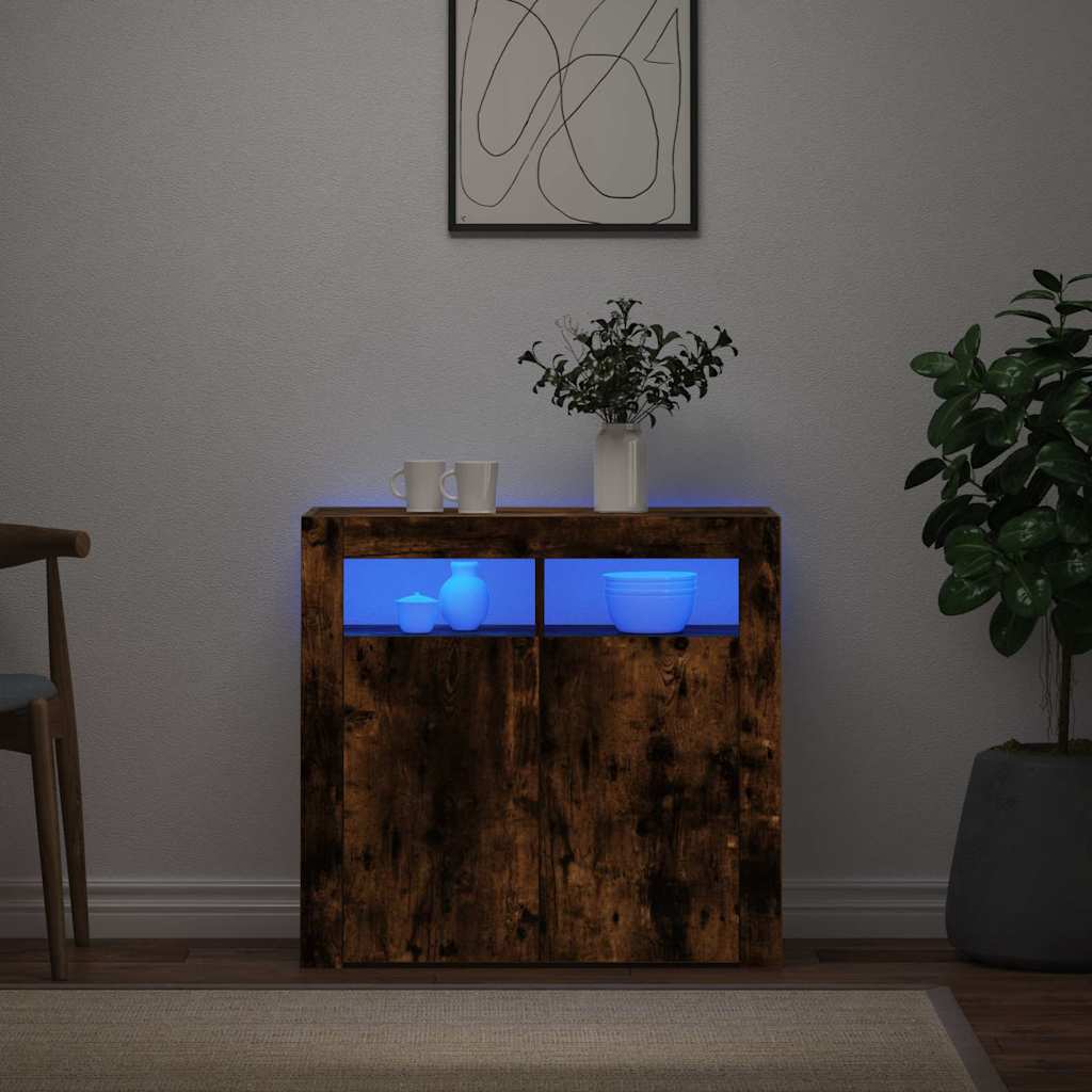 Aparador alto HKH de madera prensada con luces led - Roble ahumado