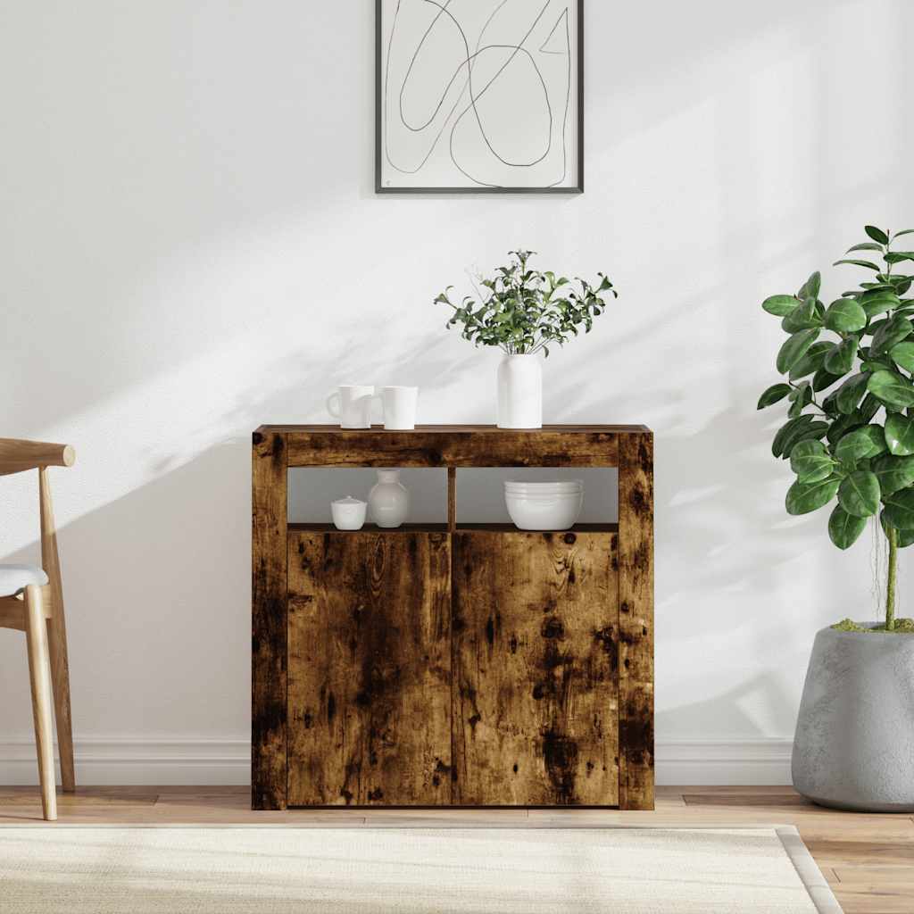 Aparador alto HKH de madera prensada con luces led - Roble ahumado