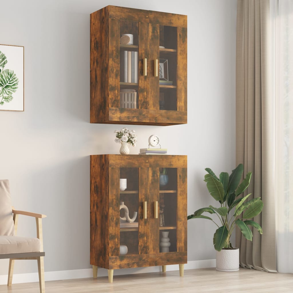 HKH Armario de pared colgante de madera, cristal 69,5 X 34 X 90 Cm - Roble ahumado
