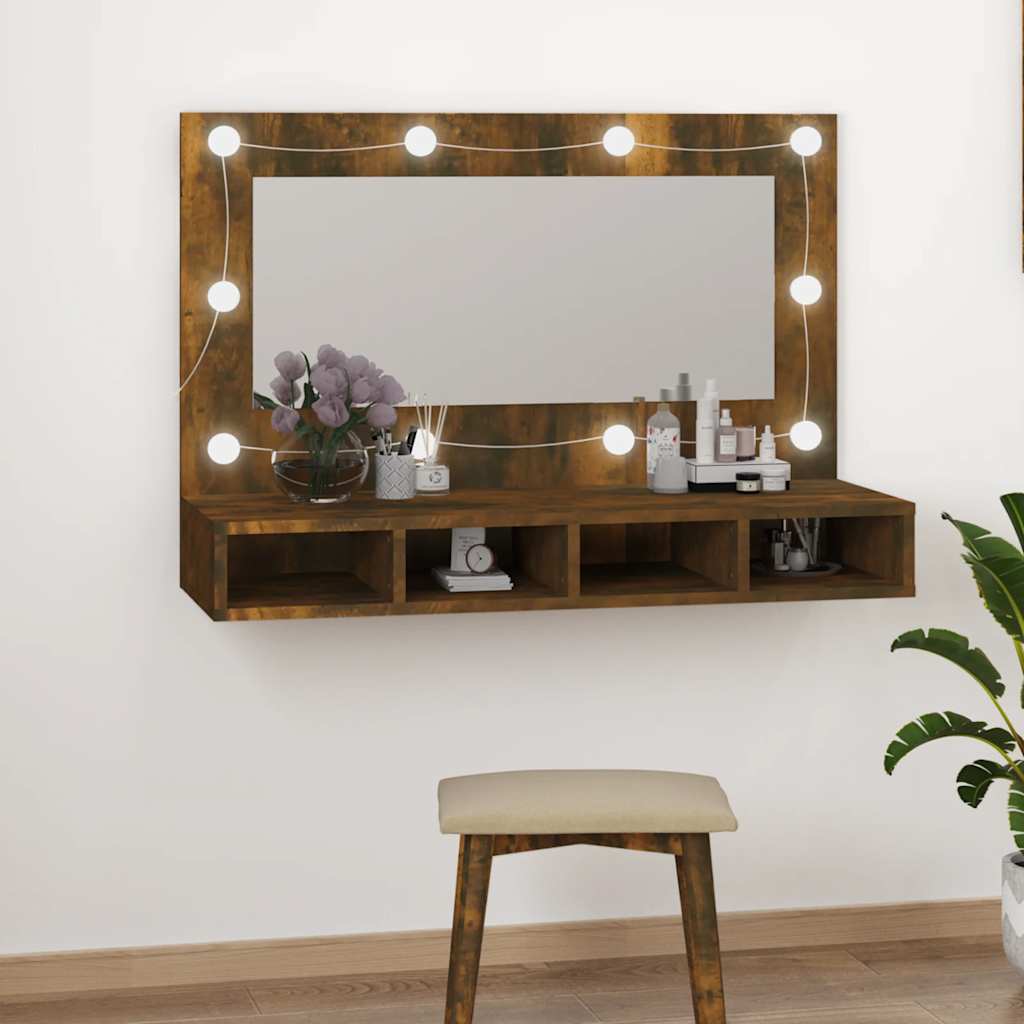HKH Armario con Espejo y LED en Roble Ahumado - 90x31,5x62 Cm