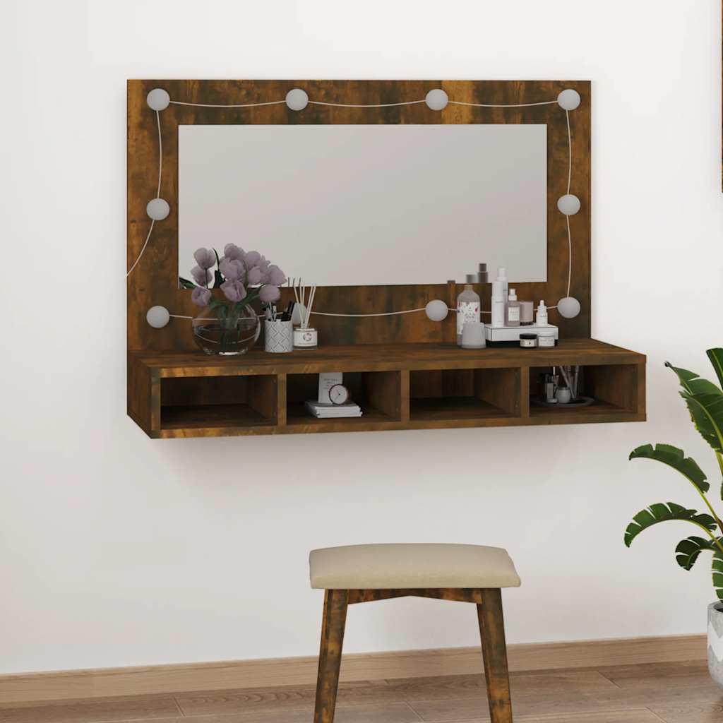HKH Armario con Espejo y LED en Roble Ahumado - 90x31,5x62 Cm