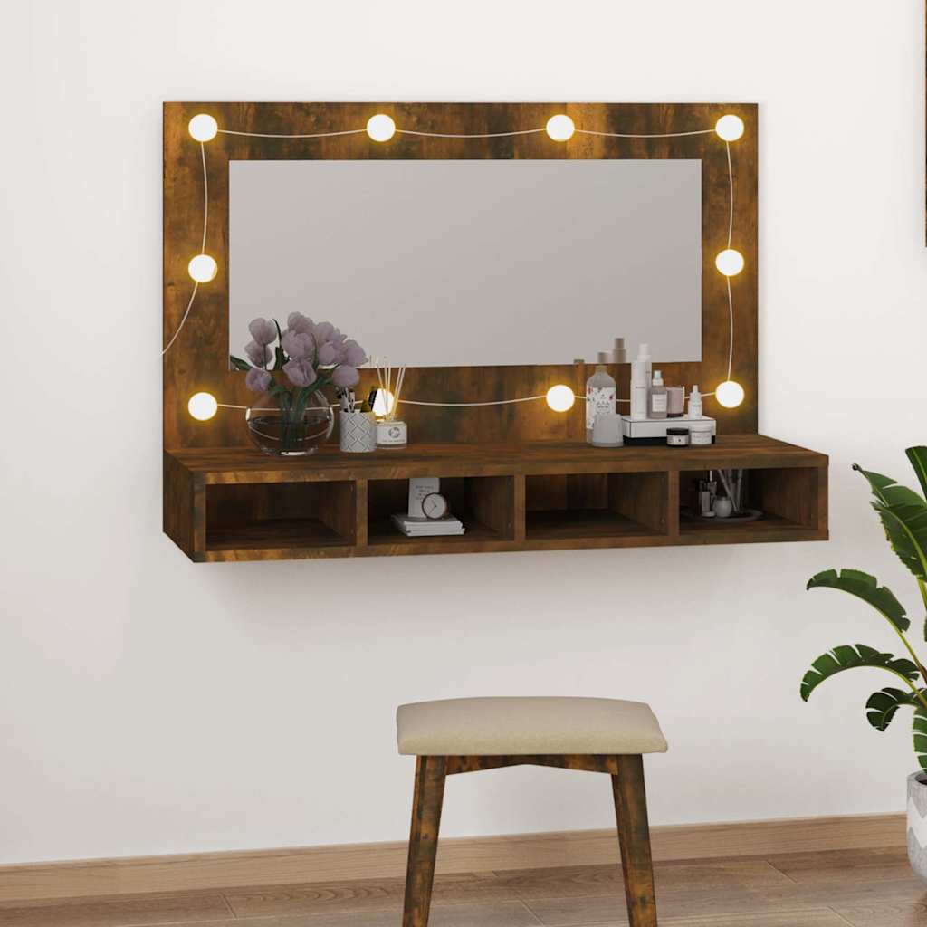 HKH Armario con Espejo y LED en Roble Ahumado - 90x31,5x62 Cm