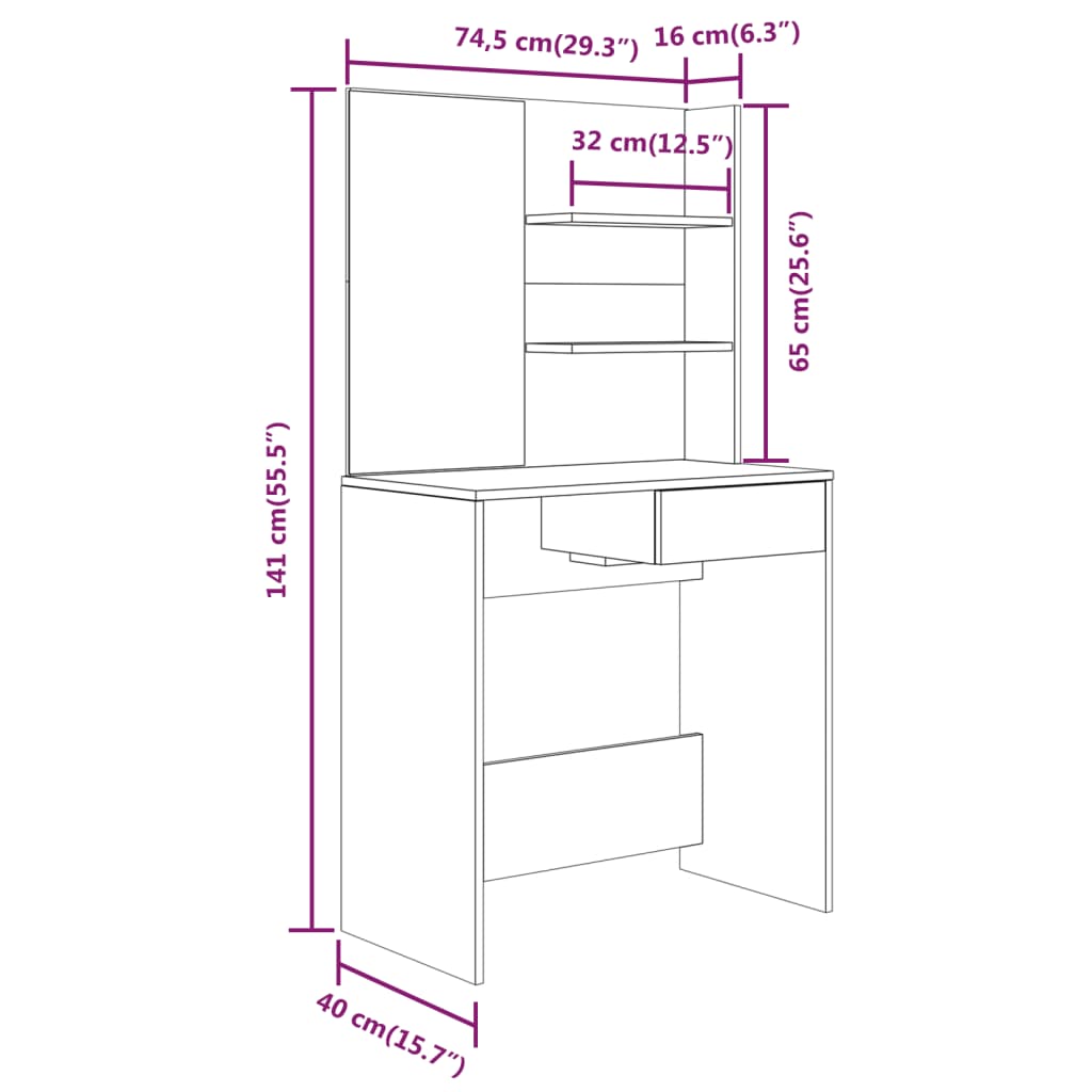 HKH Conjunto Toucador Brilhante - 74,5x40x141 Cm - Branco