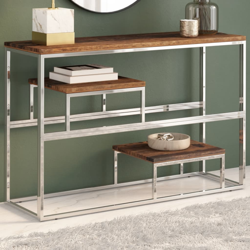Mesa consola HKH de madera de traviesa maciza y acero inoxidable - Plateado
