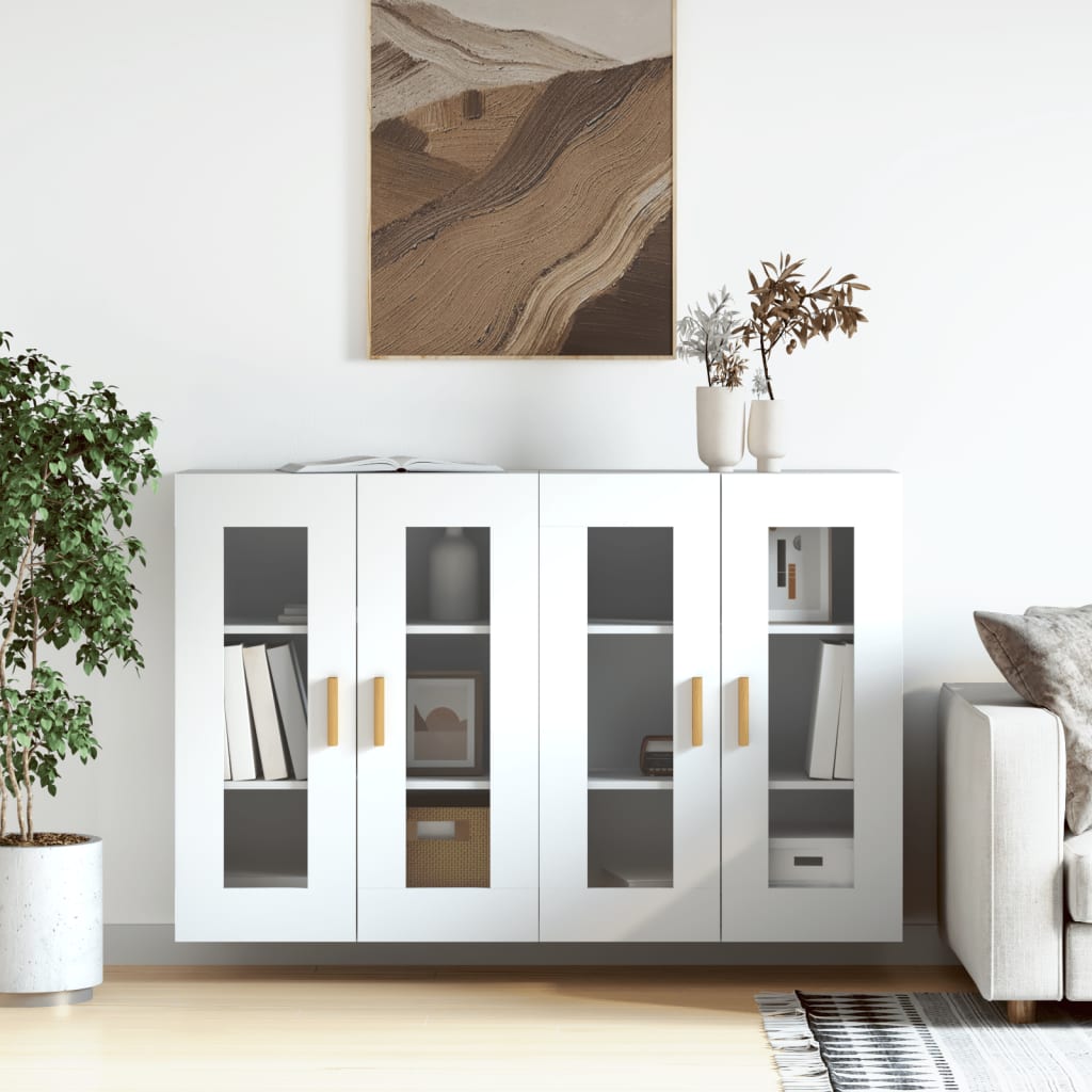 HKH Muebles de Pared de 2 Piezas Altos en Madera Procesada, Madera de Eucalipto Maciza, Vidrio 69,5 X 34 X 90 Cm - Blanco