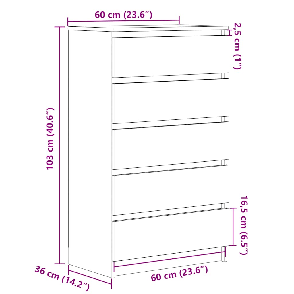 HKH Armário de Gavetas Alto em derivados de Madeira 60 X 36 X 103 Cm - Cinzento Sonoma