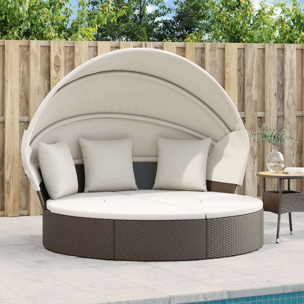 HKH Cama Lounge De Exterior C/ Toldo E Almofadões Vime Pe Castanho - Marrom