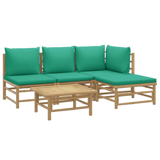 HKH 5 Pcs Conjunto Lounge de Jardim Bambu C/ Almofadões Verdes - Marrom