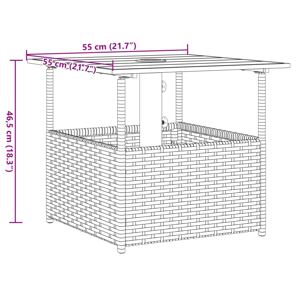 Mesa de Jardín HKH con Agujero para Sombrilla Mimbre Patas Negras