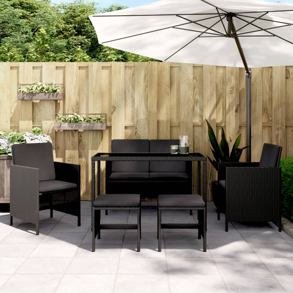 HKH Conjunto de Comedor de Jardín de Ratán de 6 Piezas con Cojines - Negro