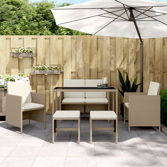 HKH Conjunto de Jantar de Jardim em Vime de 6 peças com Almofadas - Bege