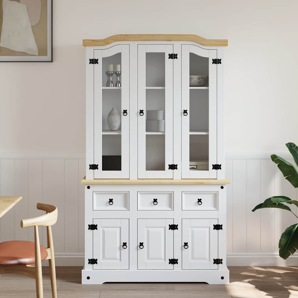 HKH Armario Alto Corona Pino Mexicano Macizo Blanco de Madera Maciza de Pino, derivados de Madera, Cristal con 6 Puertas y 3 Cajones 112 X 43 X 196 Cm