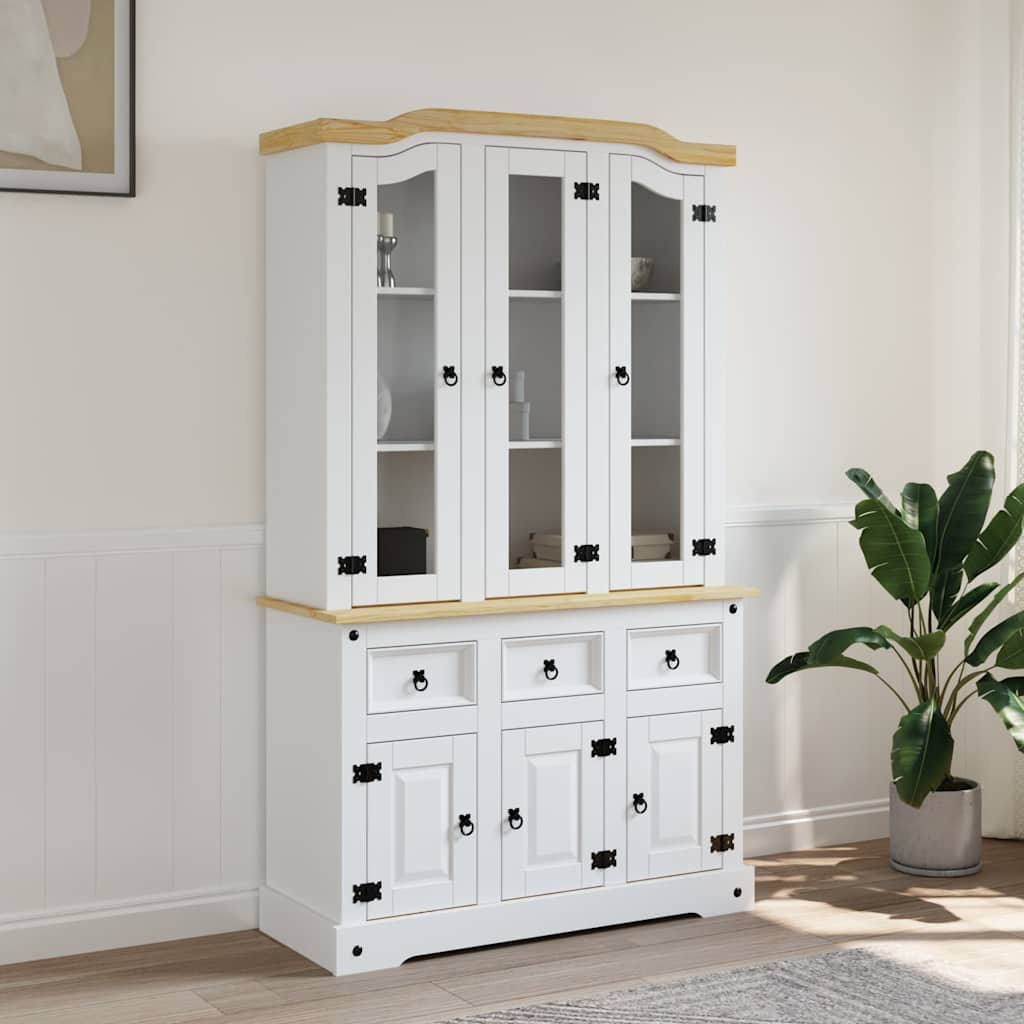 HKH Armario Alto Corona Pino Mexicano Macizo Blanco de Madera Maciza de Pino, derivados de Madera, Cristal con 6 Puertas y 3 Cajones 112 X 43 X 196 Cm