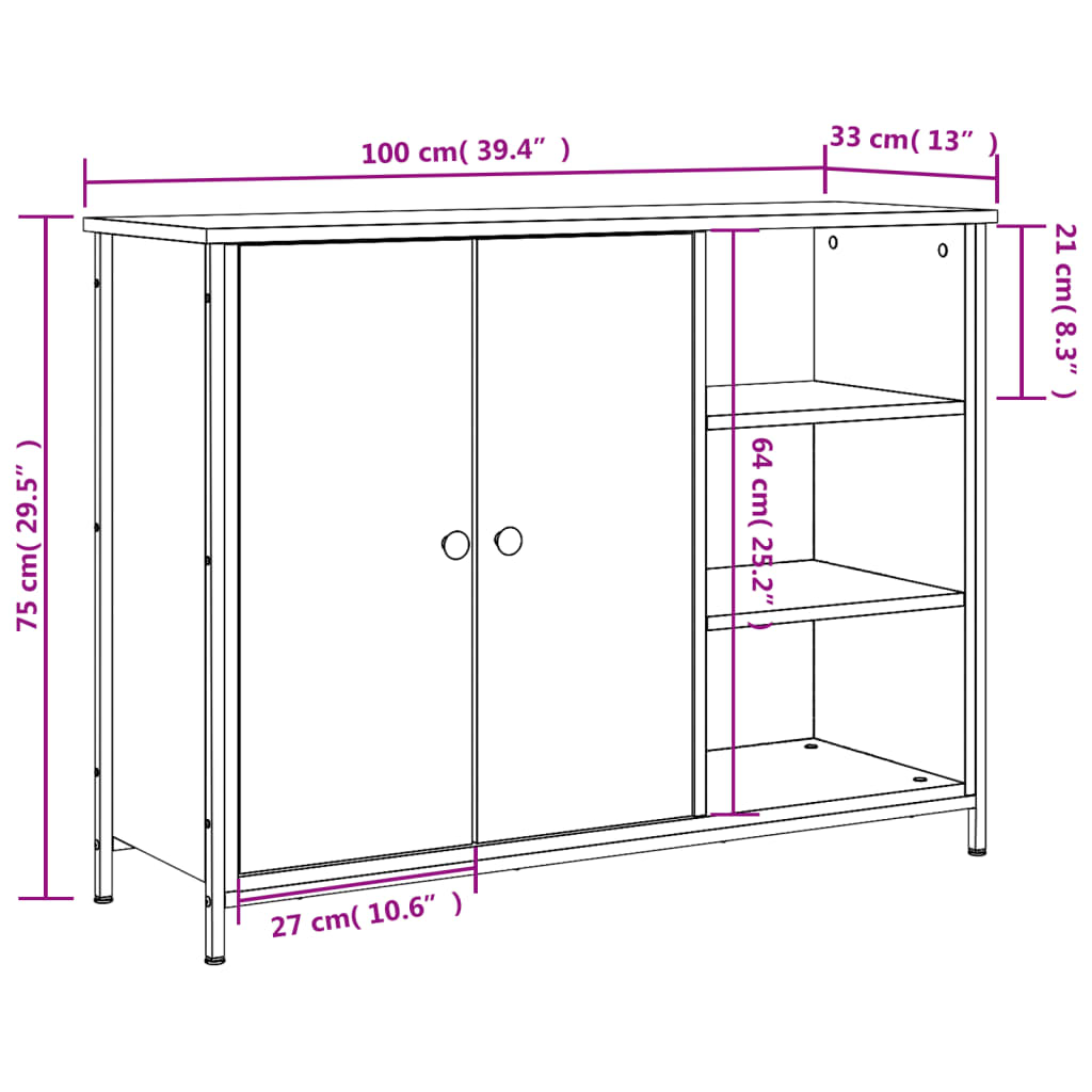 Aparador Clásico HKH en derivados de Madera, Acero 100 X 33 X 75 Cm - Roble Sonoma