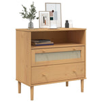 Aparador HKH Senja Aspecto Ratán Rústico de Madera Maciza de Pino con Tiradores de Madera 75 x 35 x 20 cm - Marrón