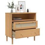 Aparador HKH Senja Aspecto Ratán Rústico de Madera Maciza de Pino con Tiradores de Madera 75 x 35 x 20 cm - Marrón