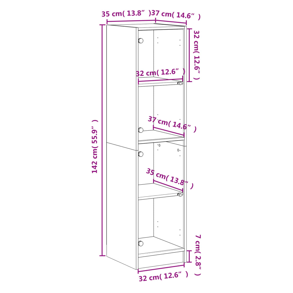 Aparador alto HKH de madera prensada y cristal con cuatro compartimentos de 35 x 37 x 142 cm - Blanco