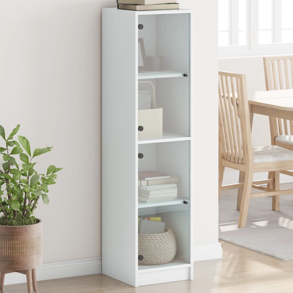 Aparador alto HKH de madera prensada y cristal con cuatro compartimentos de 35 x 37 x 142 cm - Blanco
