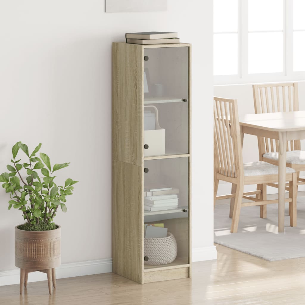Aparador alto HKH de derivados de madera, vidrio con cuatro compartimentos de 35 X 37 X 142 cm - Roble Sonoma