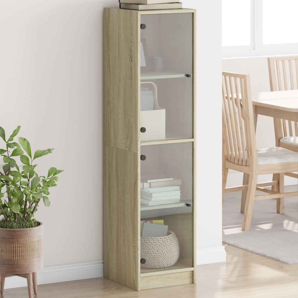 Aparador alto HKH de derivados de madera, vidrio con cuatro compartimentos de 35 X 37 X 142 cm - Roble Sonoma