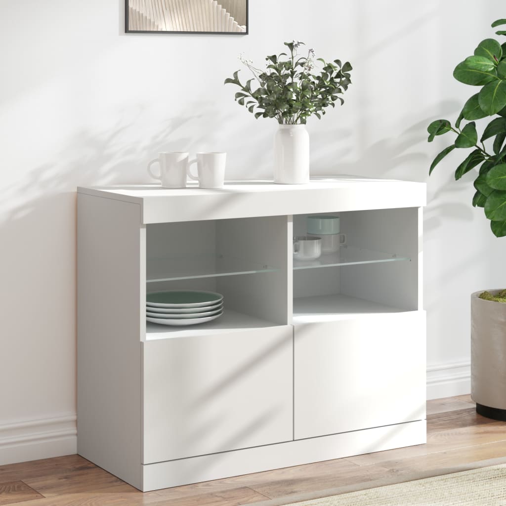 HKH Aparador Moderno de derivados de Madera, Vidrio con Luces Led 81 X 37 X 67 Cm - Blanco