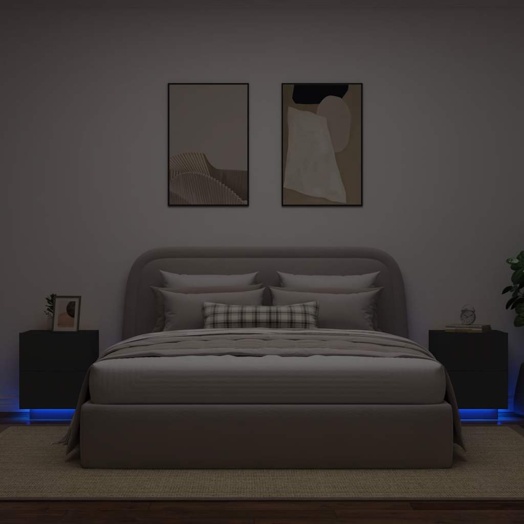 HKH Conjunto de 2 Mesas de Cabeceira com Luz Led em Derivados de Madeira - Preto